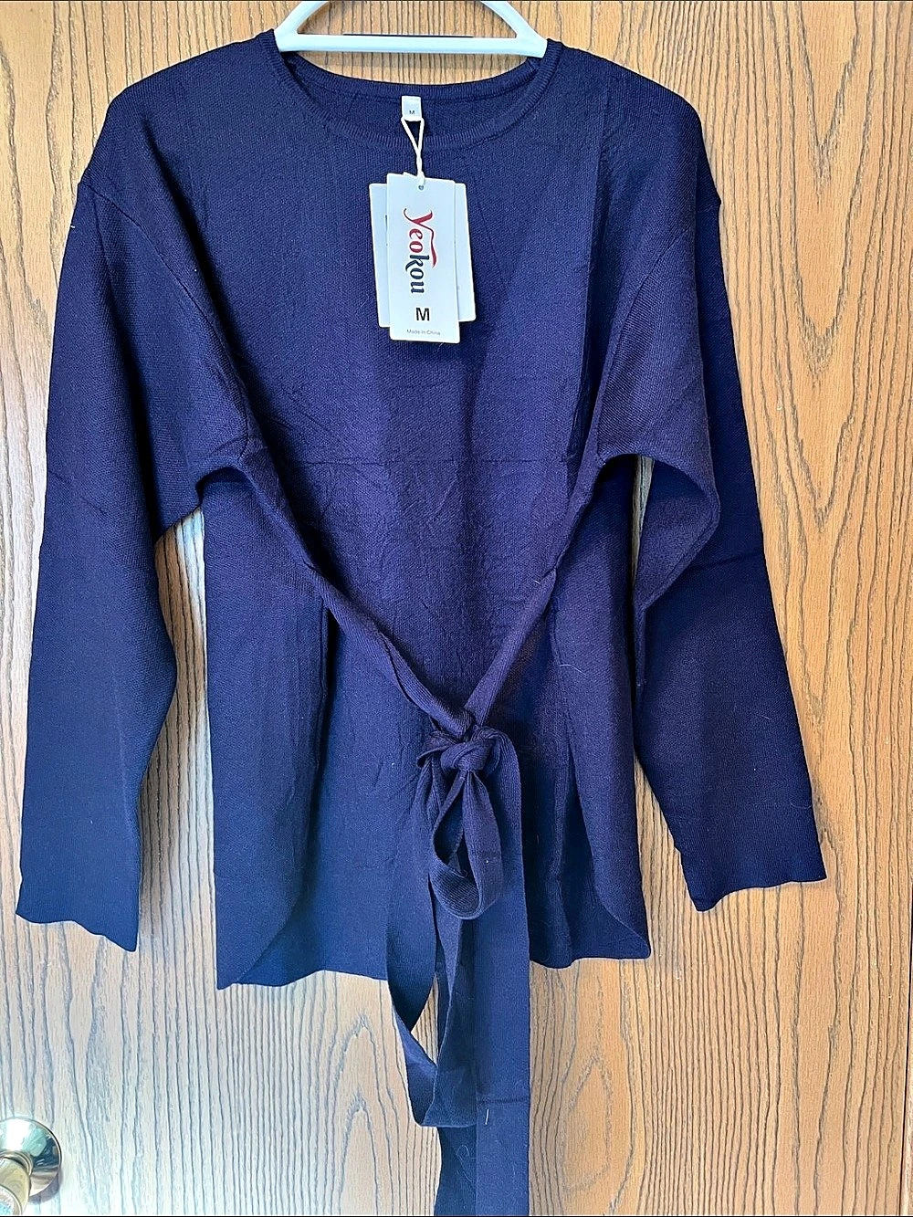 Yeokou Women Tie Front Soft Loose Long Sleeve Crew Neck Belt Knit Pullover Top